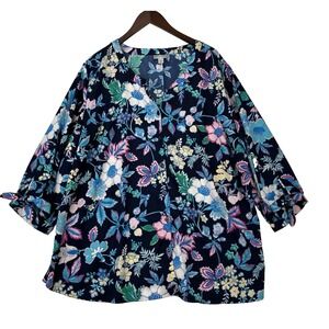 Catherines Womens Henley Button Blouse Size 3X Floral Print Colorful Y-Neck